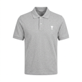 Light-grey short-sleeve polo with white buttons and white heart-and-letter chest detail