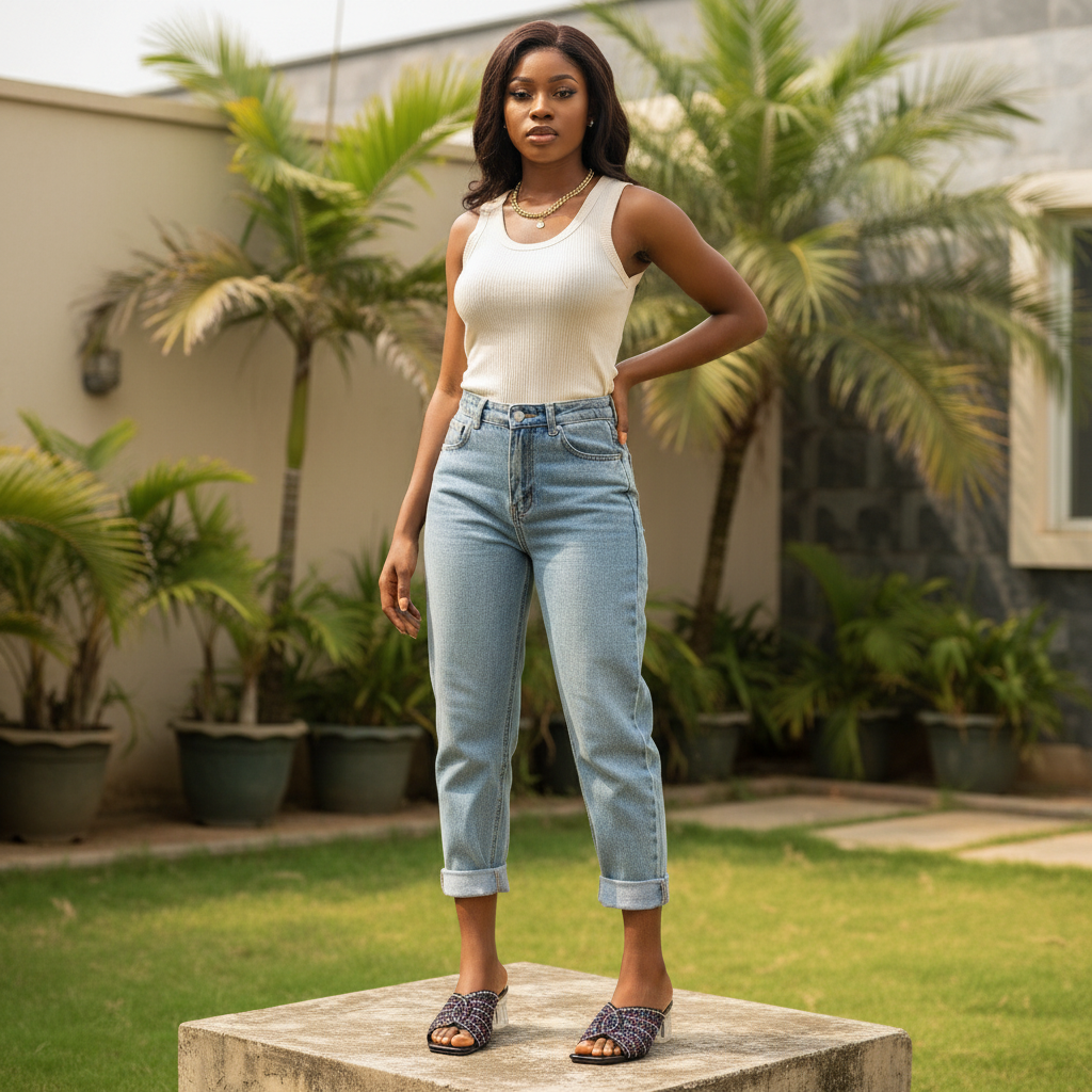 Nigerian model wearing multicolour rhinestone square-toe clear heel mule slippers - both feet styled