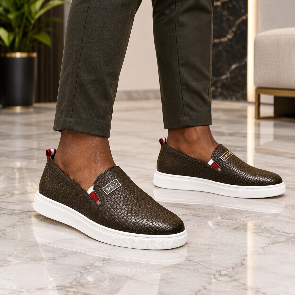Dark Olive Woven Embossed Leather Slip-On Sneaker - Model Shot