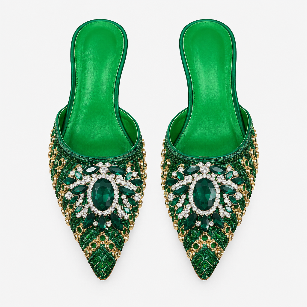 Green jeweled pointed mule pair on a clean background