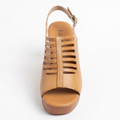 AI-edited product-only front view of a tan caged open-toe sandal