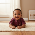 Young Nigerian baby boy wearing maroon floral short-sleeve shirt