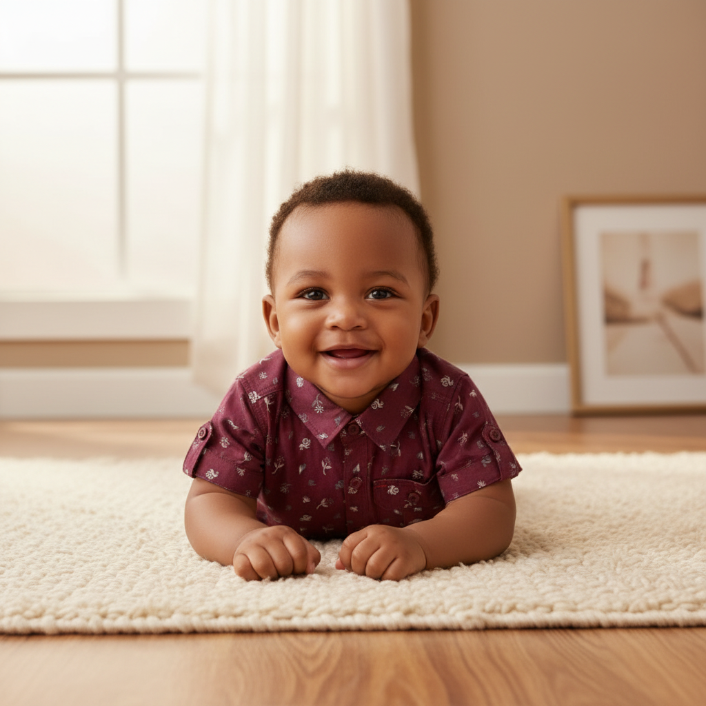 Young Nigerian baby boy wearing maroon floral short-sleeve shirt