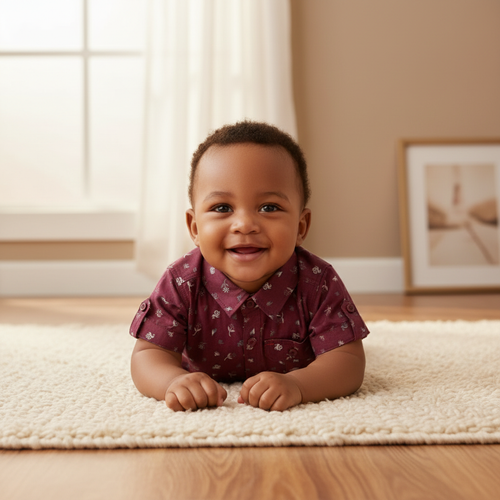 Young Nigerian baby boy wearing maroon floral short-sleeve shirt