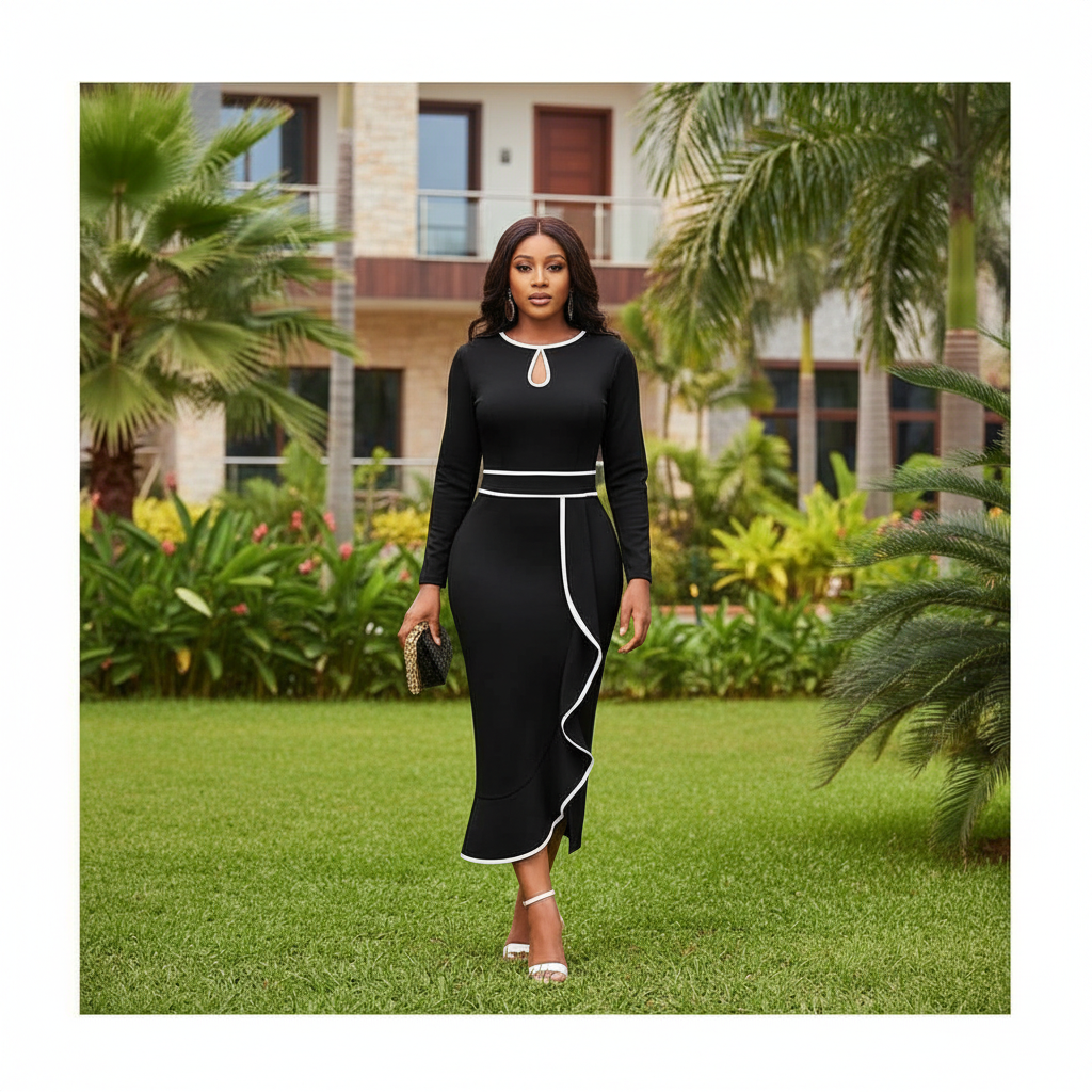 Nigerian female model wearing black white trim keyhole long sleeve midi dress