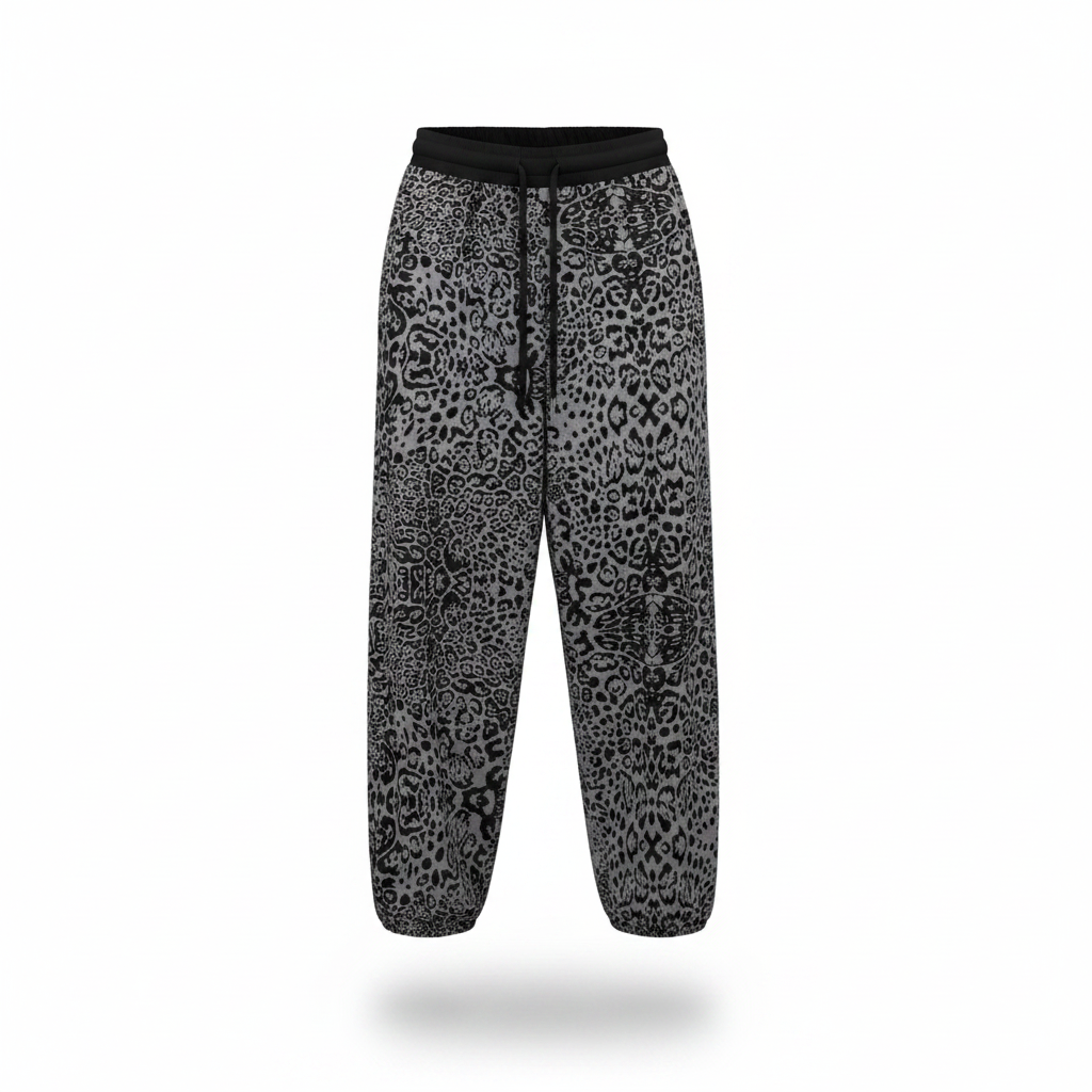 Ghost mannequin view of grey leopard print baggy joggers