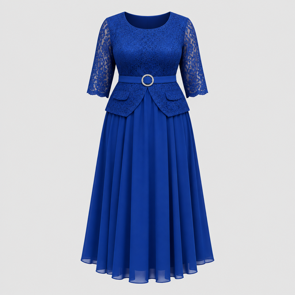 Royal blue lace peplum top and pleated midi skirt outfit