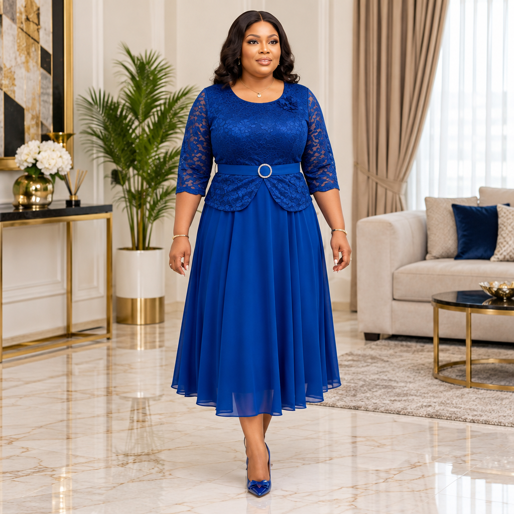 Woman wearing a royal blue lace peplum midi outfit
