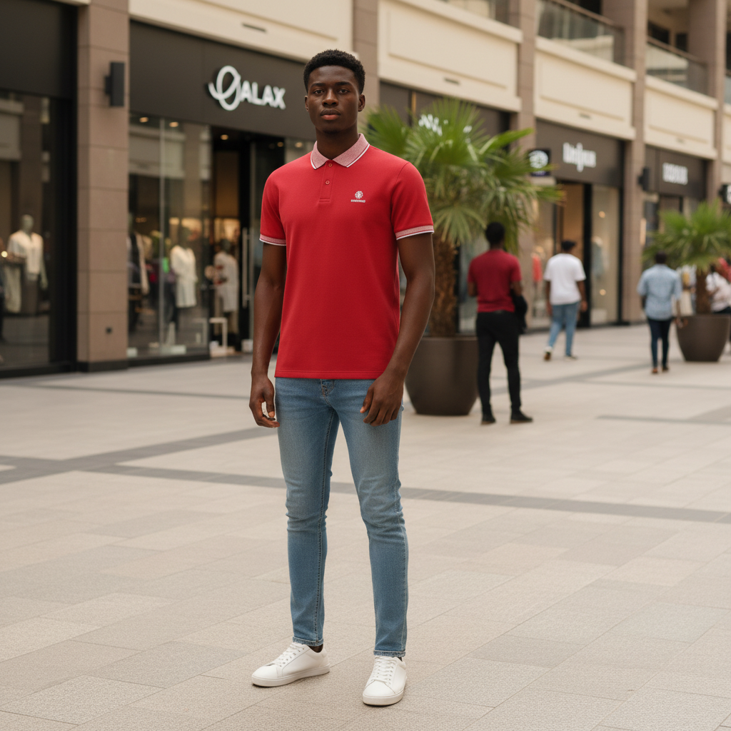 Young Nigerian male model wearing red polo with pink tipped collar