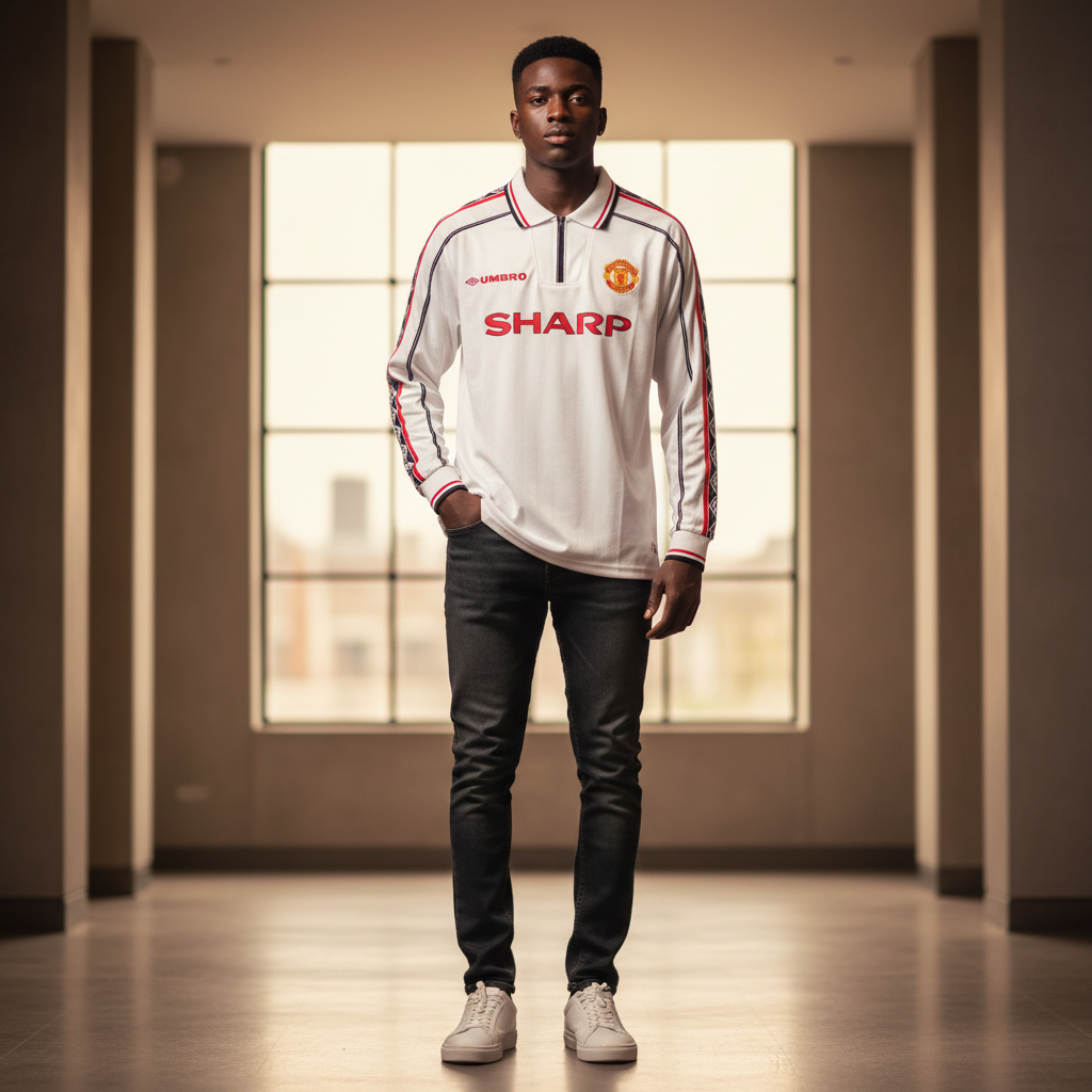 White Retro Long Sleeve Away Jersey – Model Shot