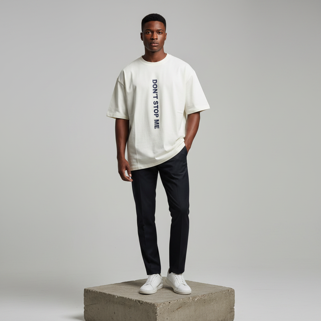 Cream Graphic Round Neck Short-Sleeved Shirt - Model Shot