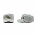 Light wash denim studded military cadet cap – ghost mannequin front and side view