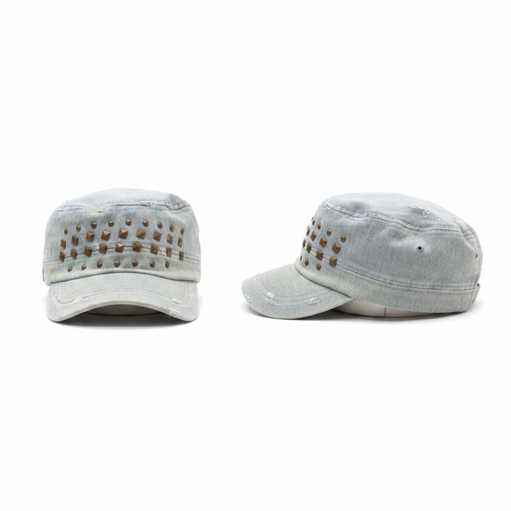 Light wash denim studded military cadet cap – ghost mannequin front and side view