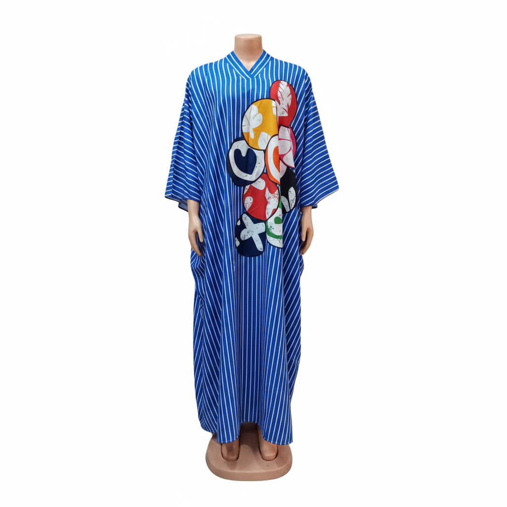 Ghost mannequin front view - blue stripe cartoon graphic kaftan dress