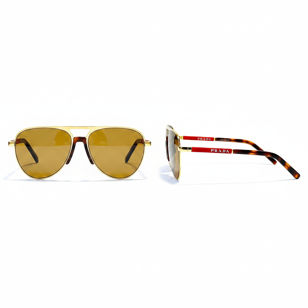 Unisex amber brown lens gold double-bridge aviator sunglasses tortoiseshell temple – front and side view