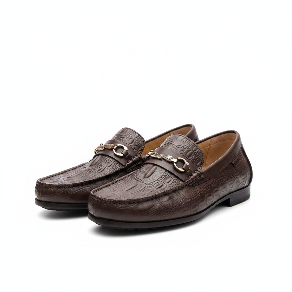 Men's dark brown croc-embossed leather loafers with gold detail pair product shot