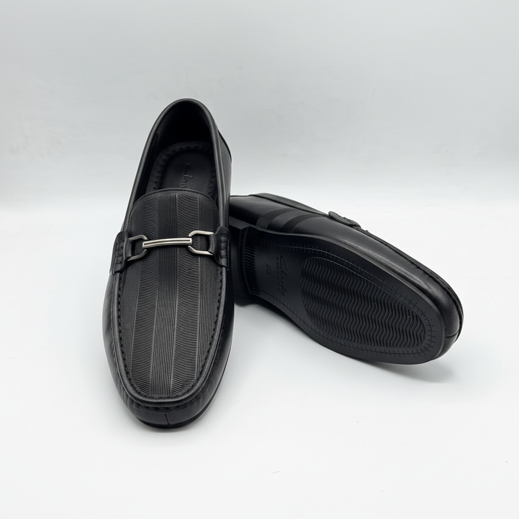 Men's Black Ribbed Textured Leather Silver-Bar Loafers – Ghost Mannequin