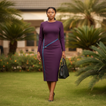 Nigerian female model wearing Women's Plum Purple Long-Sleeve Bodycon Midi Dress with Zip Detail