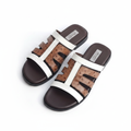 Men's tan ostrich H-strap leather flat slide sandals ghost mannequin pair view