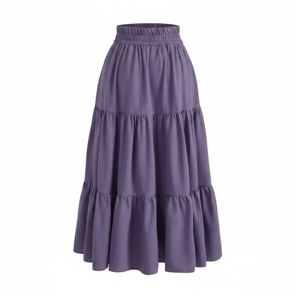 Ghost mannequin view of purple tiered A-line maxi skirt