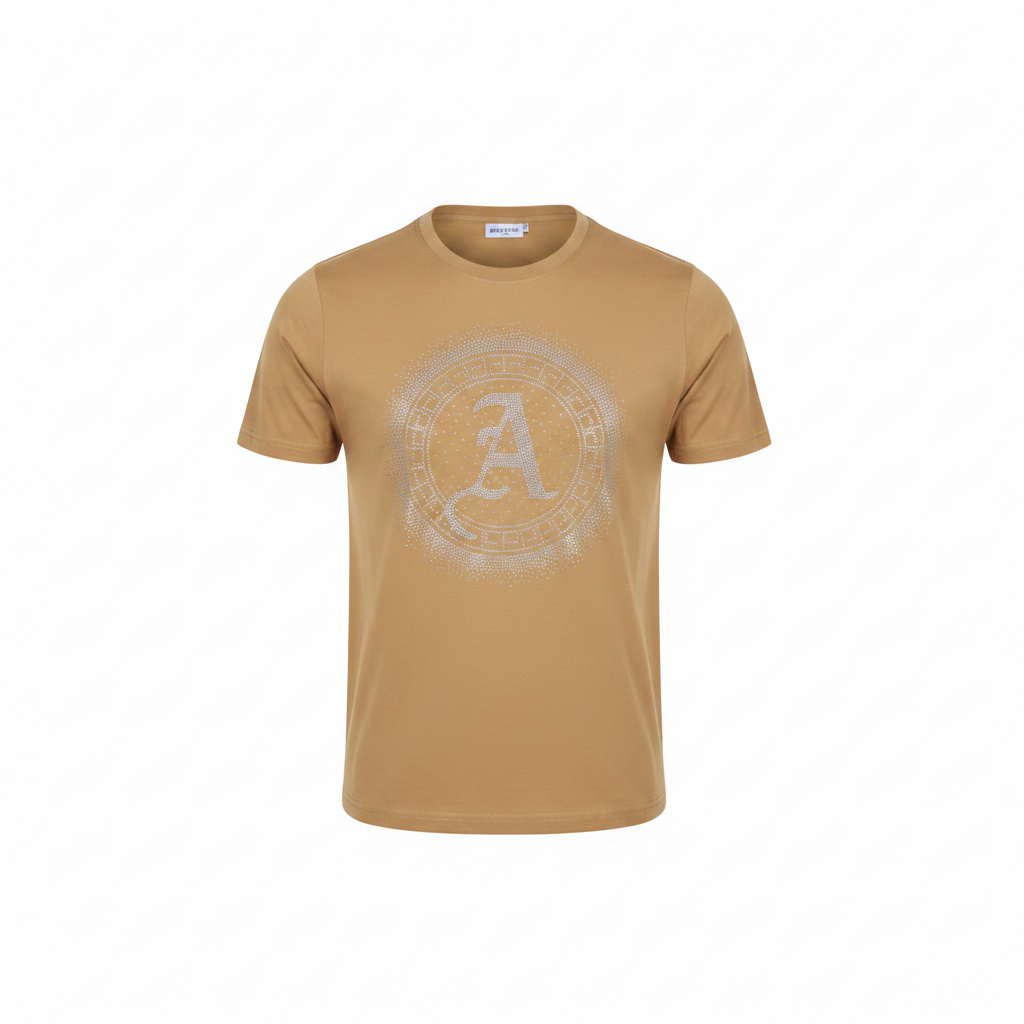 Ghost mannequin front view of camel rhinestone circular monogram badge T-shirt