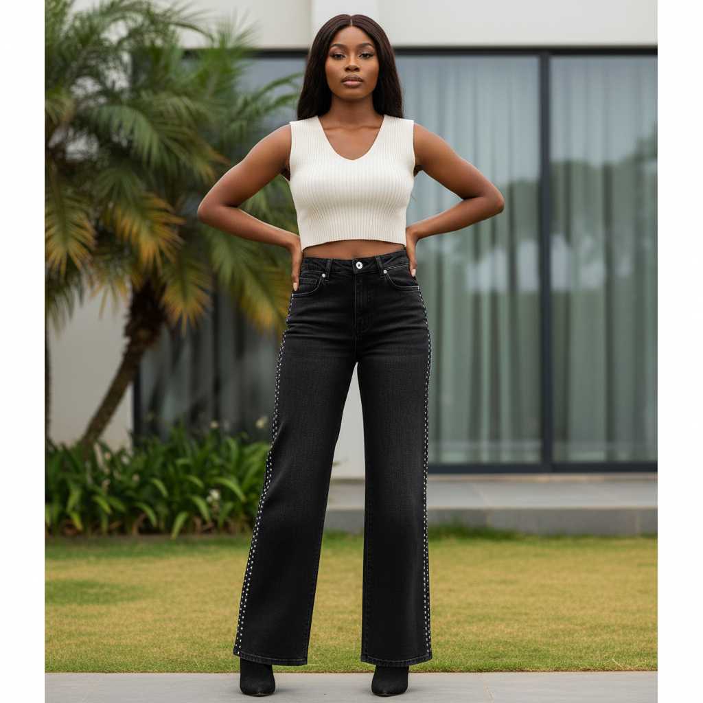 Rhinestone Side-Stripe Wide-Leg Jeans - Front View