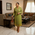 Olive Green Gold Jacquard Blazer Pleated Midi Skirt Set – Model Shot
