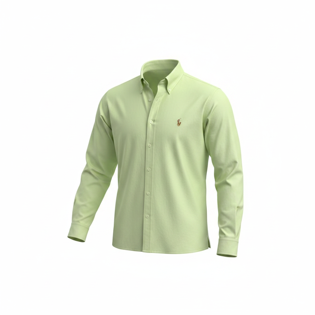 Men's pastel lime green long-sleeve embroidered polo shirt on ghost mannequin, white background
