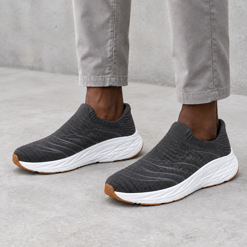 Charcoal mesh slip-on sneakers with white soles, worn on both feet