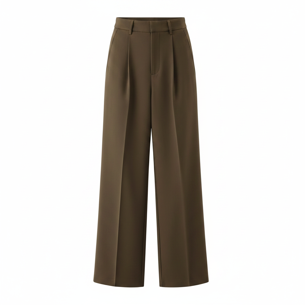 Olive Brown Wide-Leg Tailored Trousers - Ghost Mannequin Front