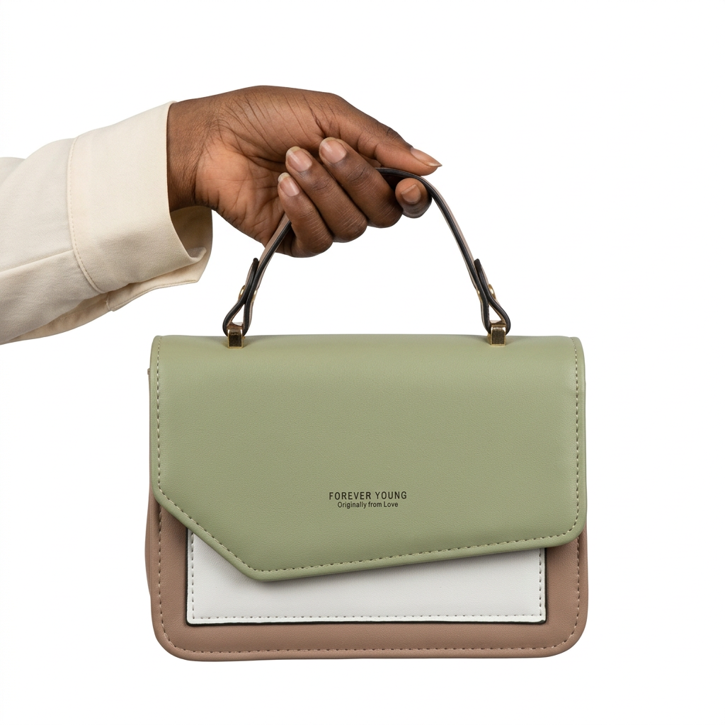 Black adult woman’s hand holding a sage-green and taupe handbag on white