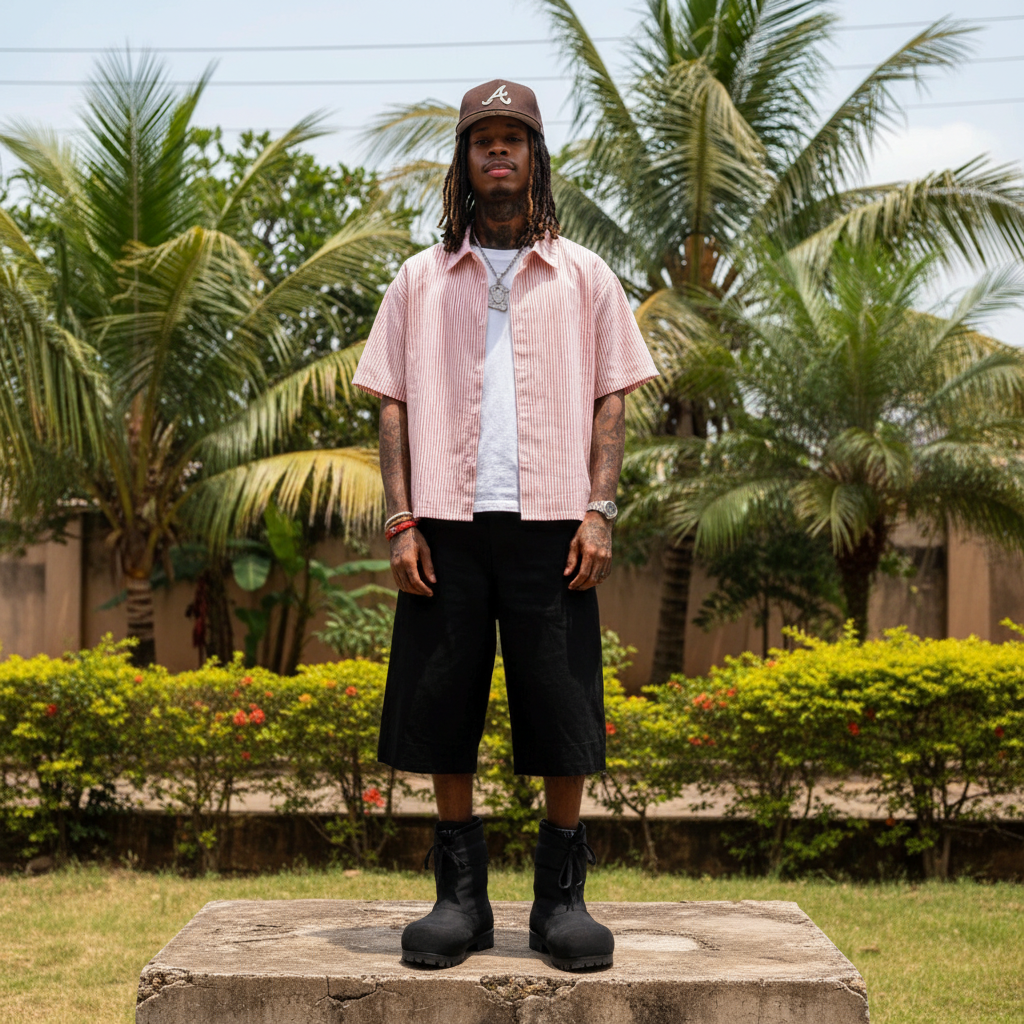 Nigerian male model full body wearing men's pink coral pinstripe boxy short-sleeve shirt open over white tee