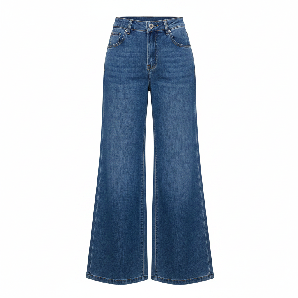 Women's blue denim high-waist palazzo jeans — ghost mannequin front view