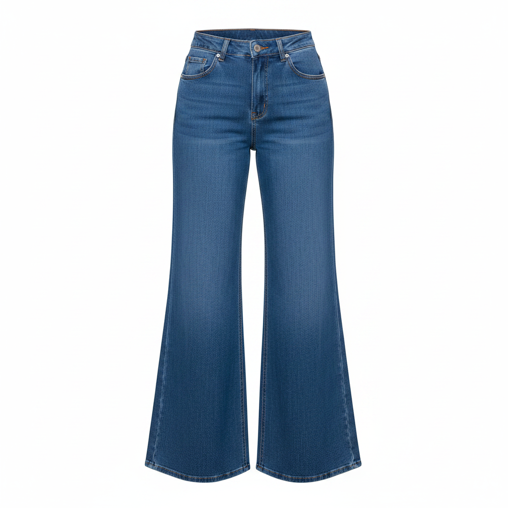 Women's medium blue high-waist extra wide-leg flare denim jeans on ghost mannequin, white background