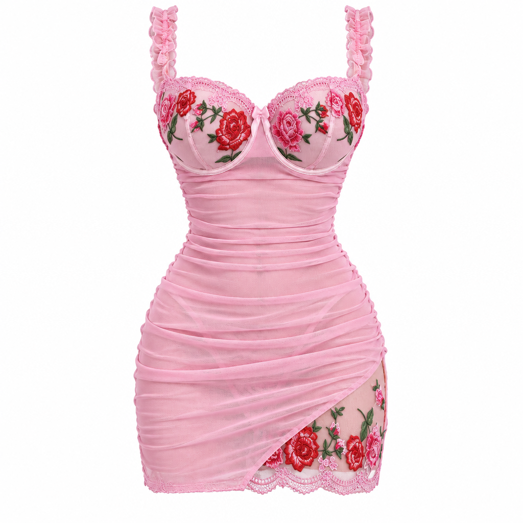 Rose Embroidery Mesh Ruched Slip Dress – Pink
