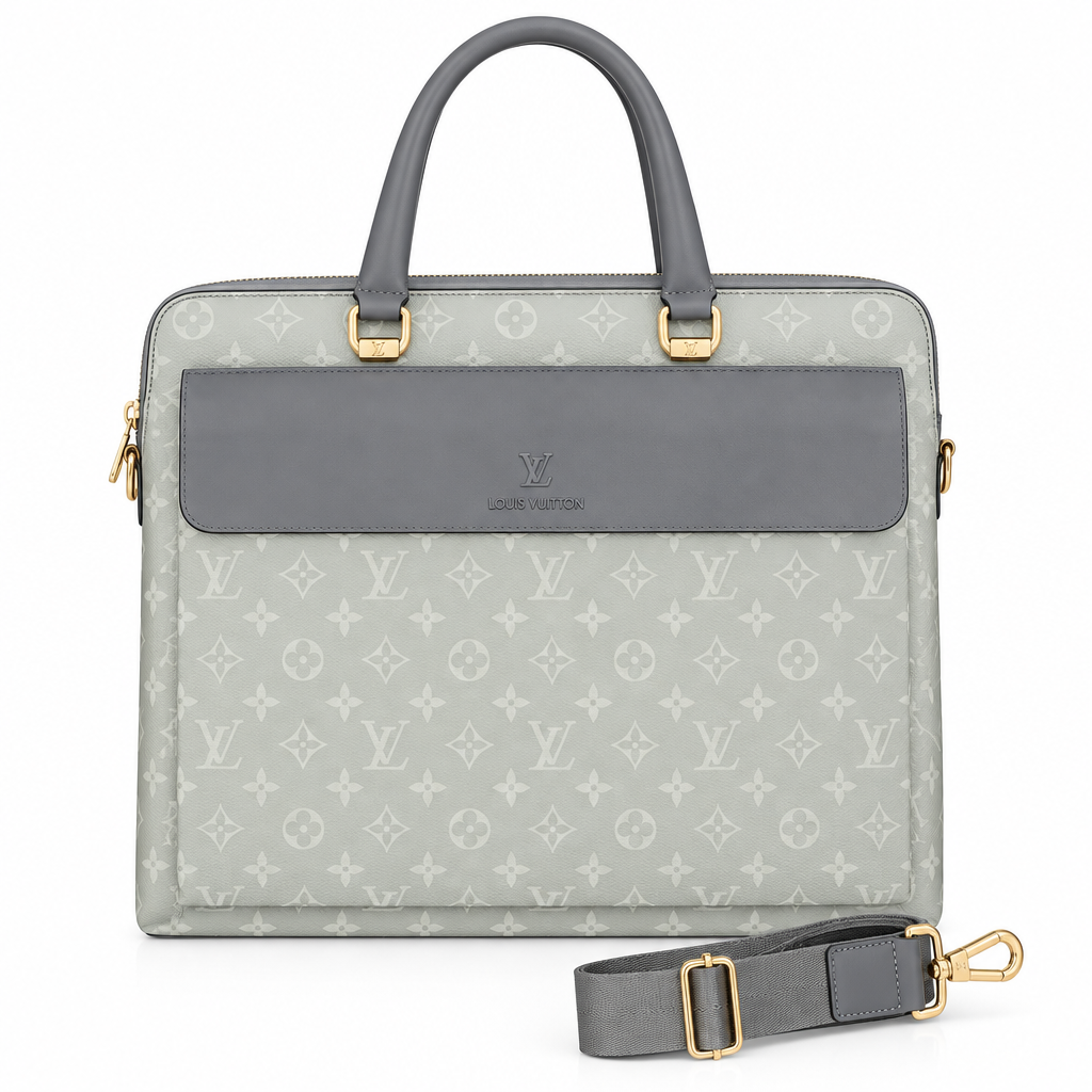 Pale grey monogram laptop briefcase with dark grey flap and strap on white