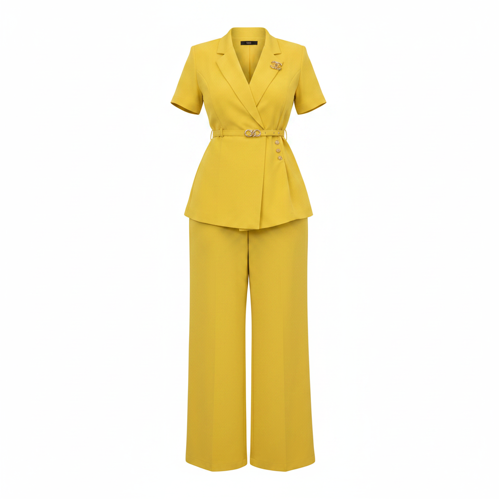 Women's short-sleeve belted blazer co-ord set in yellow – ghost mannequin front view