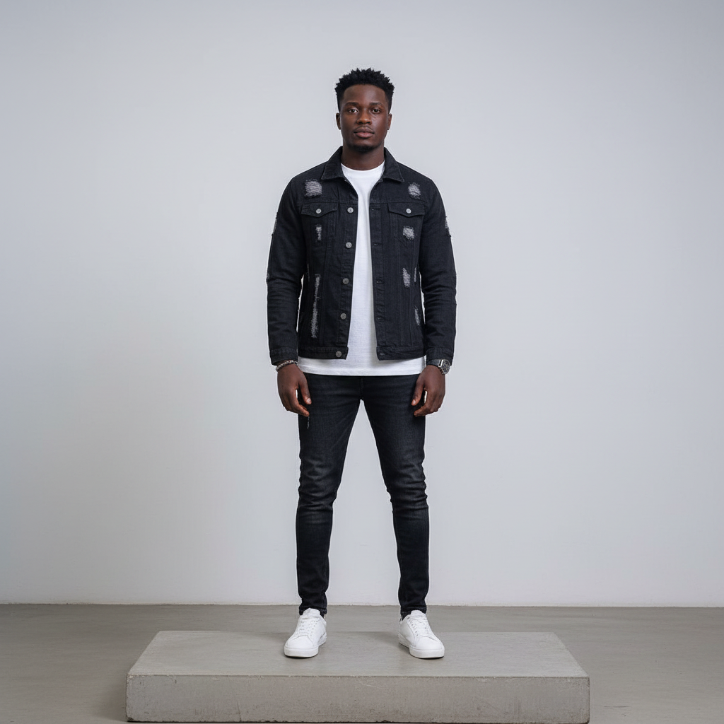 Black Ripped Denim Jacket – Front Model