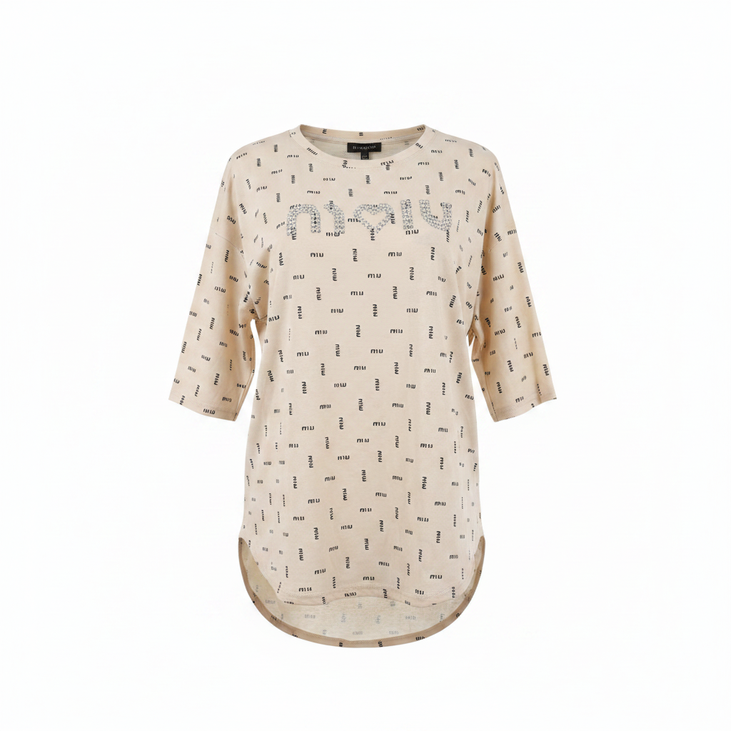 Cream Monogram Print Rhinestone Longline Top - Ghost Mannequin Front View