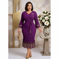 Royal Purple Pleated Bodycon Midi Dress with Gold Lace – Model Shot
