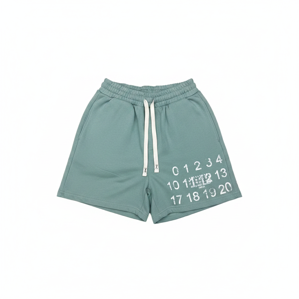 Ghost mannequin front view of sage mint green fleece drawstring shorts with white number digit all-over print