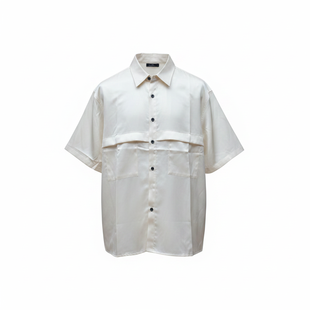 Cream white satin flap-pocket short-sleeve utility shirt ghost mannequin — chest panel, oversized fit