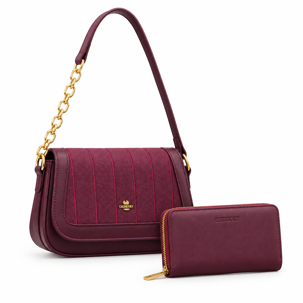 Burgundy panelled shoulder bag and matching zip-around wallet