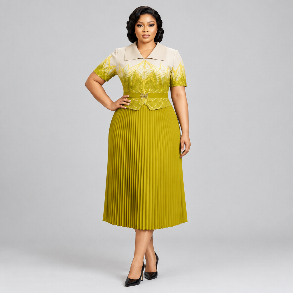 Model wearing yellow ombre pleated gown