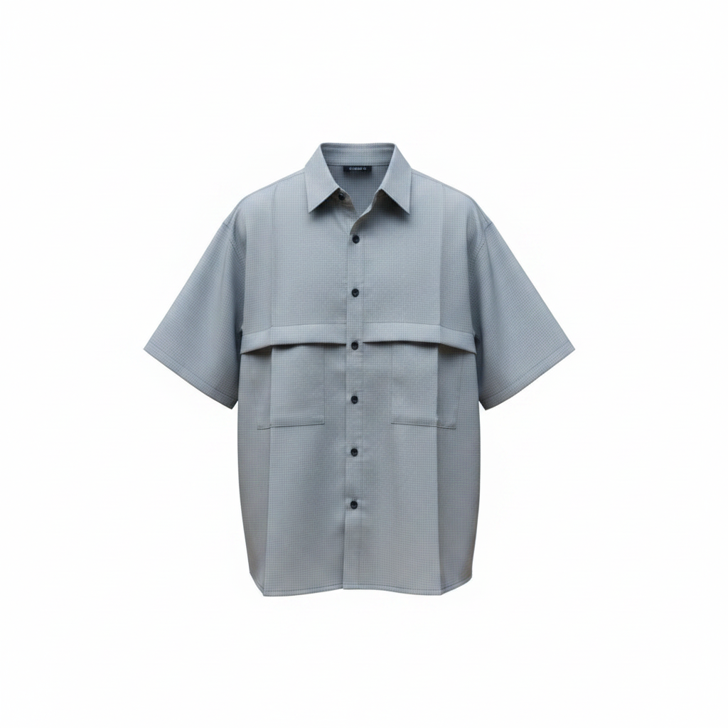 Light slate grey grid-textured short-sleeve utility shirt ghost mannequin — chest panel, patch pockets