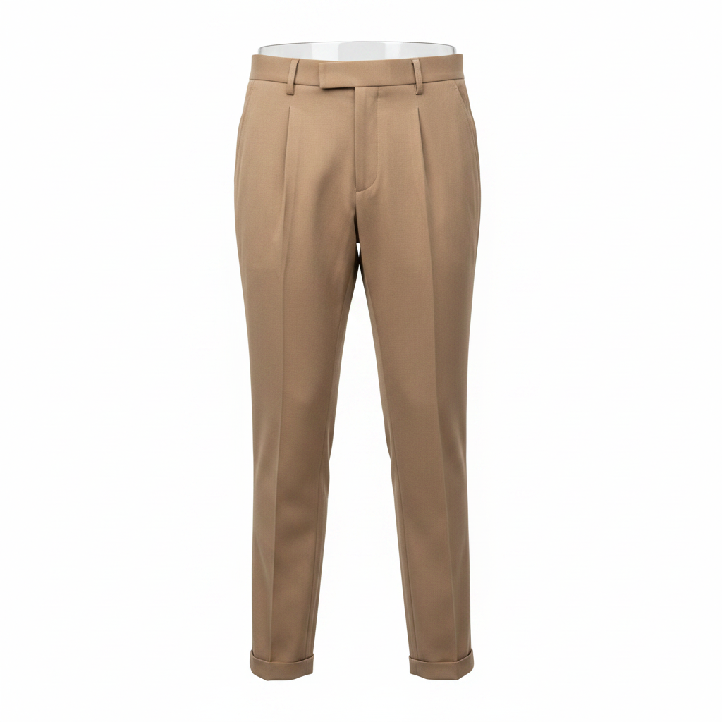 Men's tan Gurkha dress trousers ghost mannequin front view
