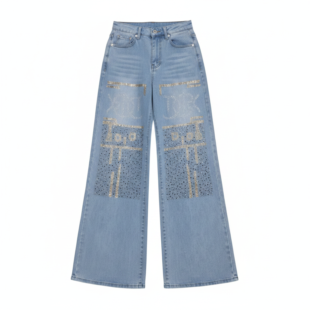 Women's light blue wide-leg flare jeans with sequin palm embellishment — ghost mannequin front view