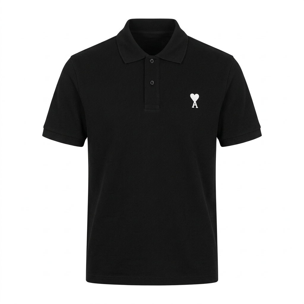 Black short-sleeve polo with tonal buttons and white heart-and-letter chest detail