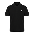 Black short-sleeve polo with tonal buttons and white heart-and-letter chest detail