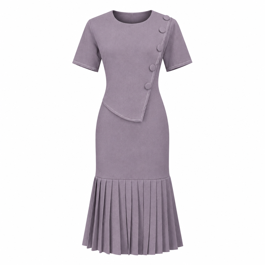 Women's mauve asymmetric button midi dress with pleated hem, ghost mannequin front view